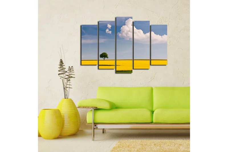 Suuri 5-osainen canvas-taulu, 105x70 cm - Yksinäinen puu kultaisessa rypsipellossa kirkkaan sinisen taivaan alla - Keltainen / Vihreä / Sininen - Sisustustuotteet - Taulu & taide - Canvas-taulu
