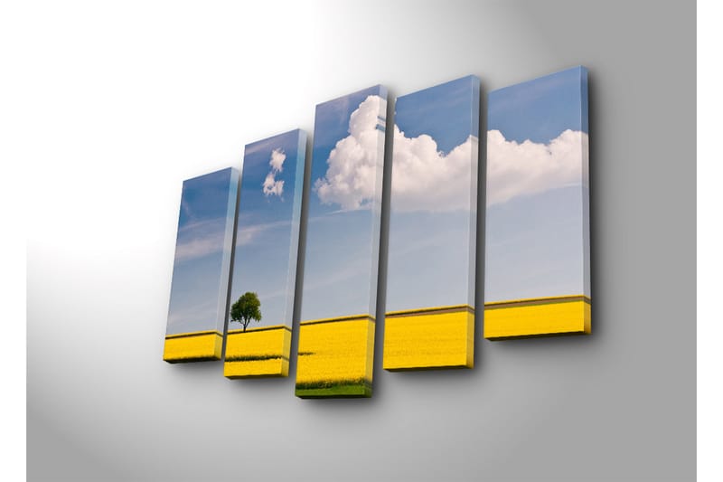 Suuri 5-osainen canvas-taulu, 105x70 cm - Yksinäinen puu kultaisessa rypsipellossa kirkkaan sinisen taivaan alla - Keltainen / Vihreä / Sininen - Sisustustuotteet - Taulu & taide - Canvas-taulu