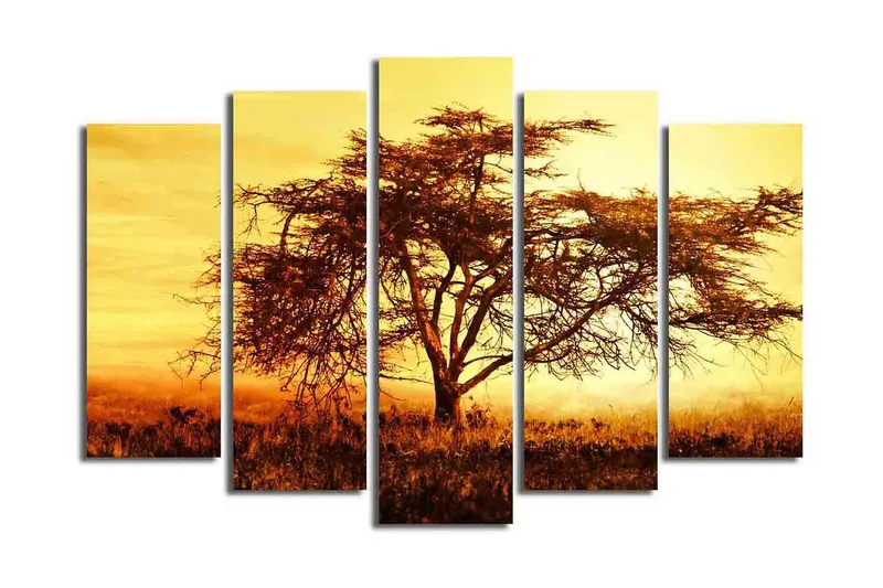 Suuri 5-osainen canvas-taulu, 105x70 cm - Yksinäisen puun siluetti kultaista taivasta vasten, Kulta / Oranssi / Ruskea