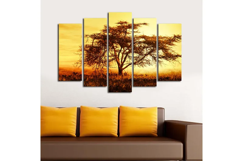 Suuri 5-osainen canvas-taulu, 105x70 cm - Yksinäisen puun siluetti kultaista taivasta vasten - Kulta / Oranssi / Ruskea - Sisustustuotteet - Taulu & taide - Canvas-taulu