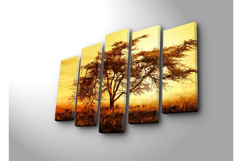 Suuri 5-osainen canvas-taulu, 105x70 cm - Yksinäisen puun siluetti kultaista taivasta vasten - Kulta / Oranssi / Ruskea - Sisustustuotteet - Taulu & taide - Canvas-taulu