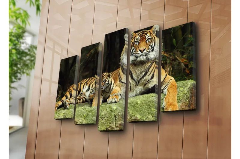 Suuri 5-osainen canvas-taulu, 105x70 cm - Ylpeä tiikeri pentunsa kanssa lepäämässä kivellä - Oranssi / Musta / Beige - Sisustustuotteet - Taulu & taide - Canvas-taulu