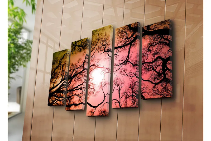 Suuri 5-osainen canvas-taulu, 105x70 cm - Puiden oksien siluetit värikkään auringonlaskun aikaan - Musta / Vaaleanpunainen / Oranssi - Sisustustuotteet - Taulu & taide - Canvas-taulu