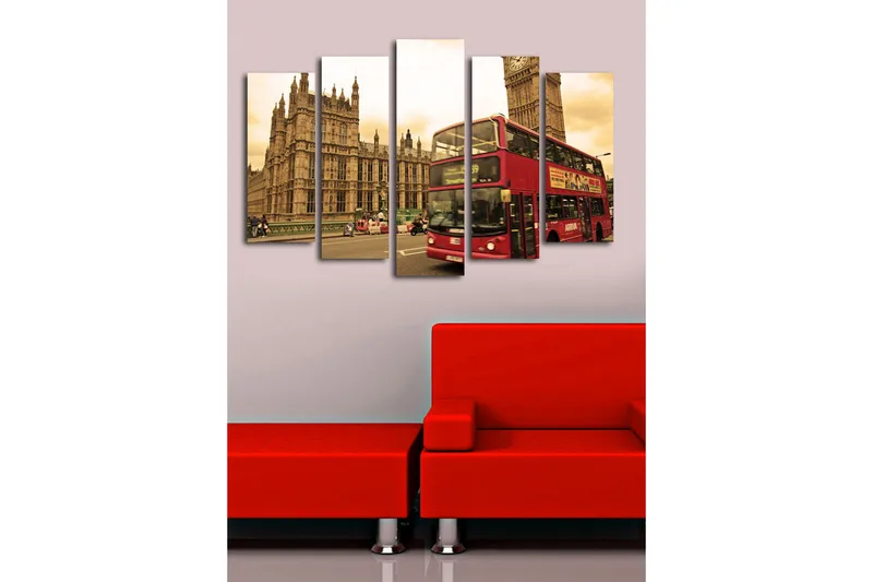 Suuri 5-osainen canvas-taulu, 105x70 cm - Punainen kaksikerroksinen bussi Big Benin ja Britannian parlamentin edessä - Punainen / Beige / Ruskea - Sisustustuotteet - Taulu & taide - Canvas-taulu