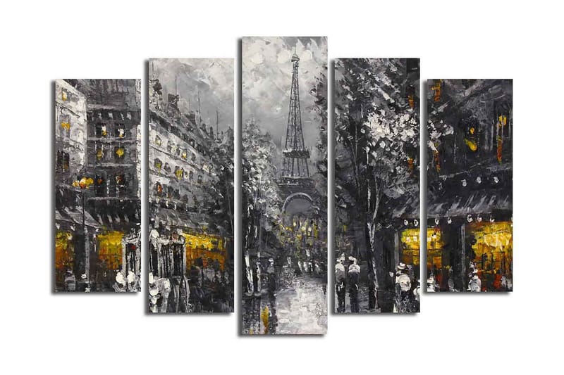 Suuri 5-osainen canvas-taulu, 105x70 cm - Pariisin kaupunkikuva ja Eiffel-torni hämärässä, Harmaa / Musta / Kulta
