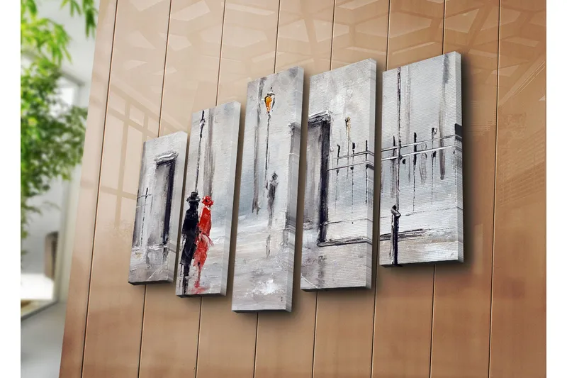 Suuri 5-osainen canvas-taulu, 105x70 cm - Pariskunta sateessa punaisessa mekossa ja mustassa puvussa - Punainen / Musta / Harmaa - Sisustustuotteet - Taulu & taide - Canvas-taulu