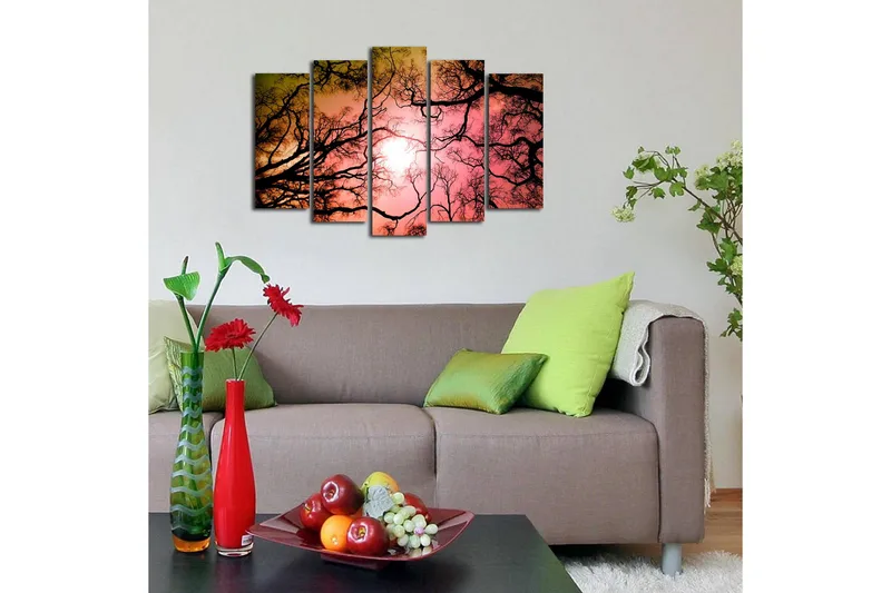 Suuri 5-osainen canvas-taulu, 105x70 cm - Puiden oksien siluetit värikkään auringonlaskun aikaan - Musta / Vaaleanpunainen / Oranssi - Sisustustuotteet - Taulu & taide - Canvas-taulu