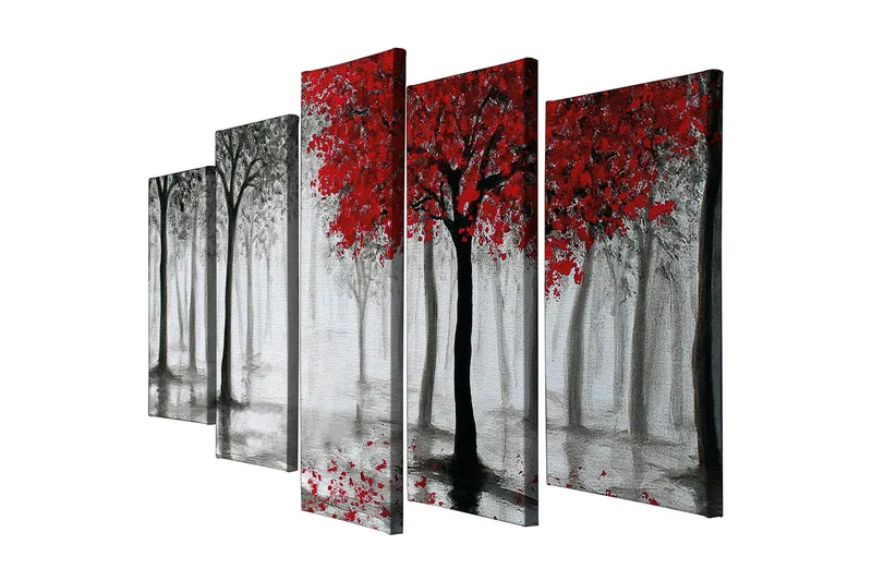 Suuri 5-osainen canvas-taulu, 105x70 cm - Punavärisävyisiä puita sumuisessa metsäympäristössä, Punainen / Musta / Harmaa