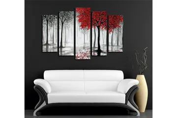 Suuri 5-osainen canvas-taulu, 105x70 cm - Punavärisävyisiä puita sumuisessa metsäympäristössä - Punainen / Musta / Harmaa - Sisustustuotteet - Taulu & taide - Canvas-taulu