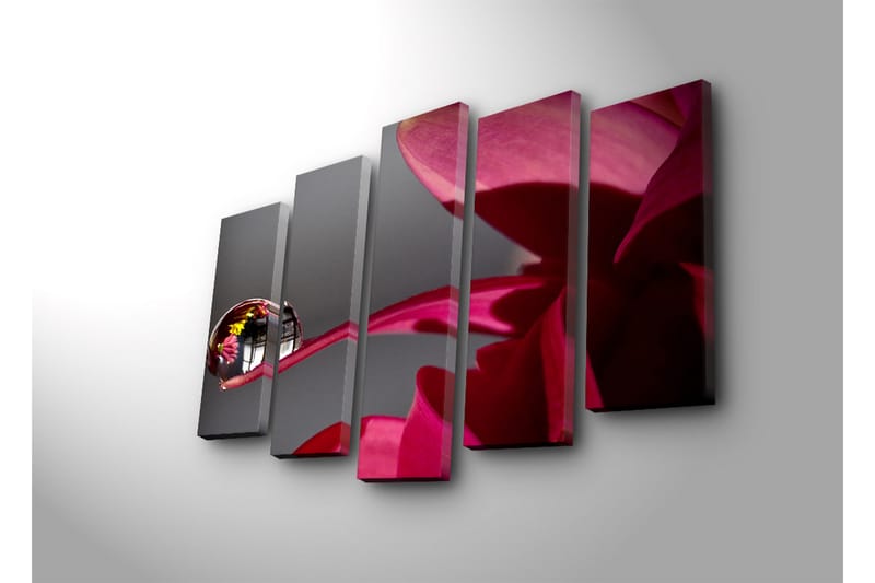 Suuri 5-osainen canvas-taulu, 105x70 cm - Pisaroita kukassa ja heijastuksia ympäristöstä - Tummanpunainen / Vaaleanpunainen / Kirkas (läpinäkyvä) - Sisustustuotteet - Taulu & taide - Canvas-taulu