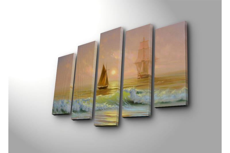 Suuri 5-osainen canvas-taulu, 105x70 cm - Purjeveneitä tyynellä merenpinnalla auringonlaskun aikaan - Vaaleansininen / Beige / Valkoinen - Sisustustuotteet - Taulu & taide - Canvas-taulu