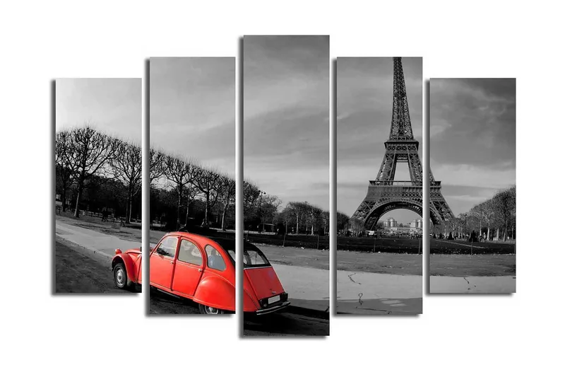 Suuri 5-osainen canvas-taulu, 105x70 cm - Punainen auto Eiffel-tornin edessä mustavalkoisessa kaupunkiympäristössä, Punainen / Musta / Harmaa