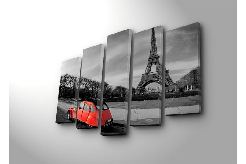 Suuri 5-osainen canvas-taulu, 105x70 cm - Punainen auto Eiffel-tornin edessä mustavalkoisessa kaupunkiympäristössä - Punainen / Musta / Harmaa - Sisustustuotteet - Taulu & taide - Canvas-taulu