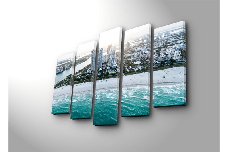 Suuri 5-osainen canvas-taulu, 105x70 cm - Panoraamanäkymä rannikkokaupungista korkeine rakennuksineen ja rantaviivalla - Turkoosi / Valkoinen / Harmaa - Sisustustuotteet - Taulu & taide - Canvas-taulu