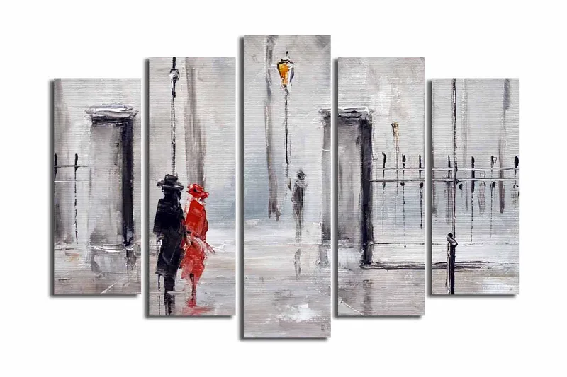 Suuri 5-osainen canvas-taulu, 105x70 cm - Pariskunta sateessa punaisessa mekossa ja mustassa puvussa - Punainen / Musta / Harmaa - Sisustustuotteet - Taulu & taide - Canvas-taulu