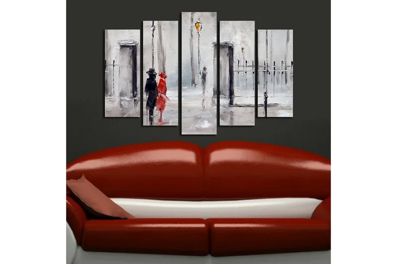 Suuri 5-osainen canvas-taulu, 105x70 cm - Pariskunta sateessa punaisessa mekossa ja mustassa puvussa - Punainen / Musta / Harmaa - Sisustustuotteet - Taulu & taide - Canvas-taulu