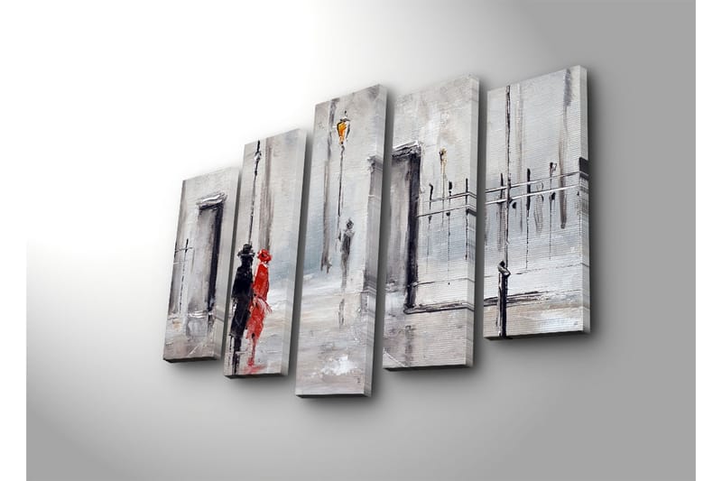 Suuri 5-osainen canvas-taulu, 105x70 cm - Pariskunta sateessa punaisessa mekossa ja mustassa puvussa - Punainen / Musta / Harmaa - Sisustustuotteet - Taulu & taide - Canvas-taulu