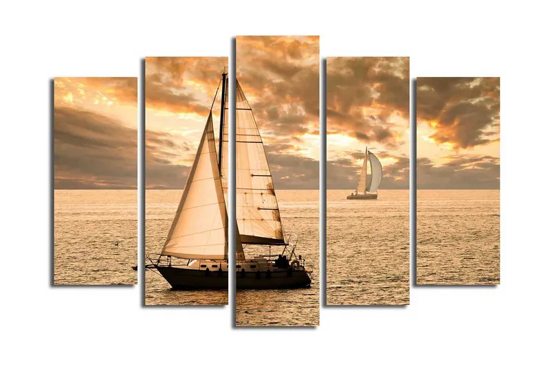Suuri 5-osainen canvas-taulu, 105x70 cm - Purjeveneitä peilimäisellä merenpinnalla kultaisen auringonlaskun aikaan, Kulta / Oranssi / Beige