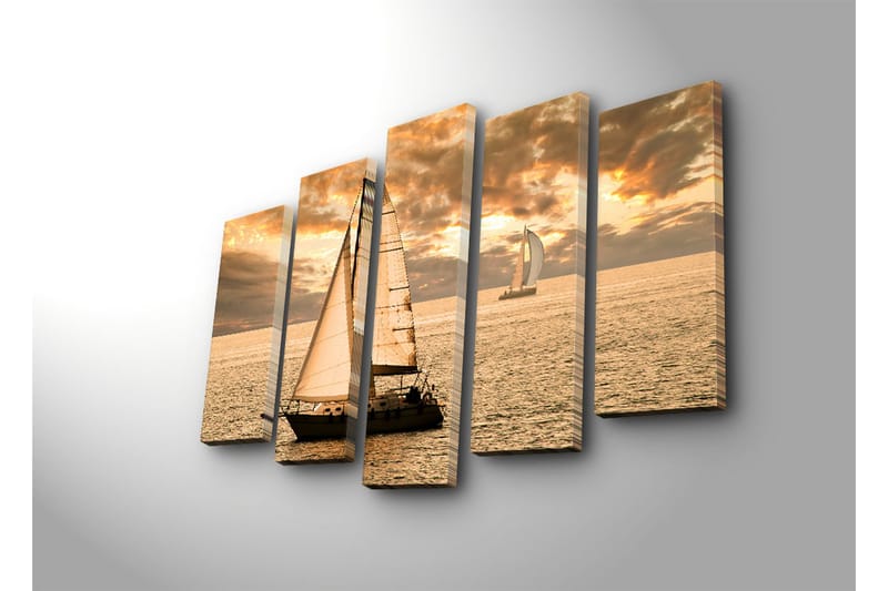 Suuri 5-osainen canvas-taulu, 105x70 cm - Purjeveneitä peilimäisellä merenpinnalla kultaisen auringonlaskun aikaan - Kulta / Oranssi / Beige - Sisustustuotteet - Taulu & taide - Canvas-taulu