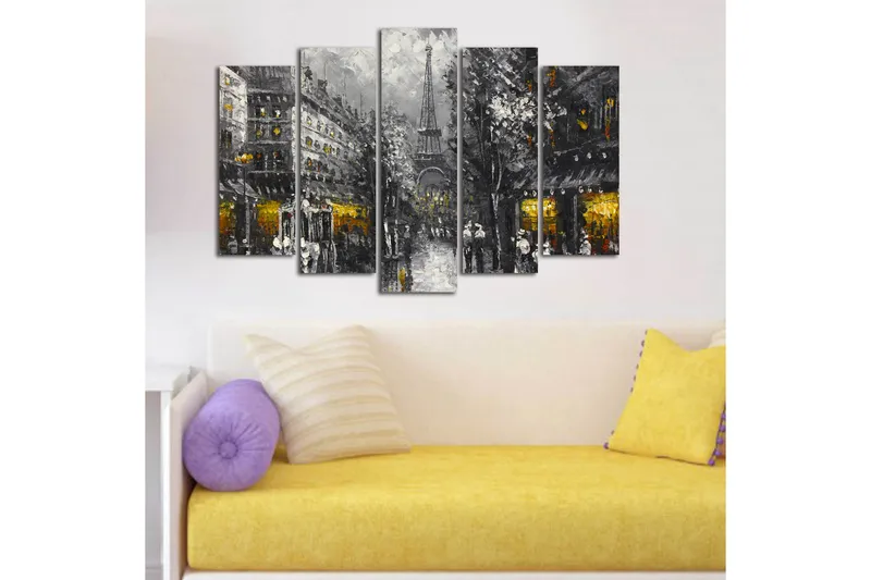 Suuri 5-osainen canvas-taulu, 105x70 cm - Pariisin kaupunkikuva ja Eiffel-torni hämärässä - Harmaa / Musta / Kulta - Sisustustuotteet - Taulu & taide - Canvas-taulu