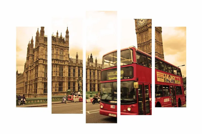 Suuri 5-osainen canvas-taulu, 105x70 cm - Punainen kaksikerroksinen bussi Big Benin ja Britannian parlamentin edessä, Punainen / Beige / Ruskea
