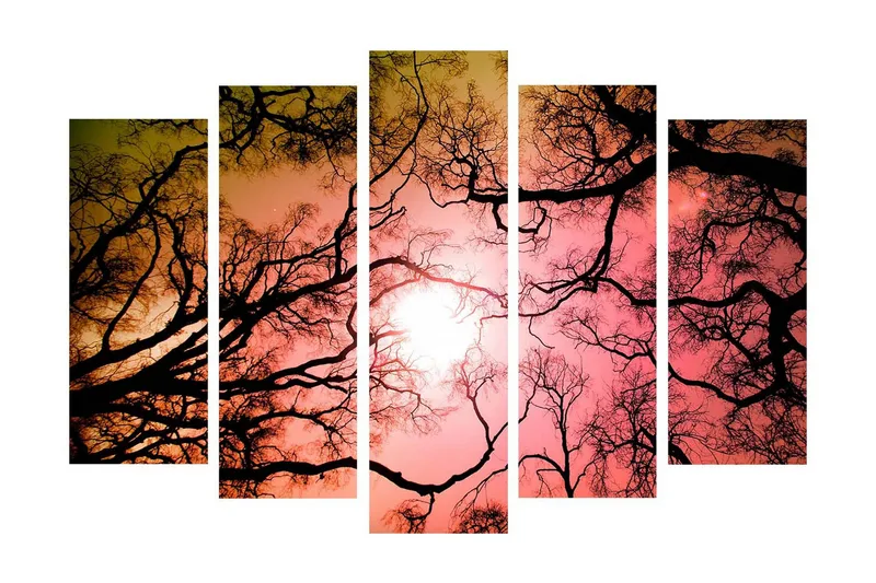 Suuri 5-osainen canvas-taulu, 105x70 cm - Puiden oksien siluetit värikkään auringonlaskun aikaan, Musta / Vaaleanpunainen / Oranssi