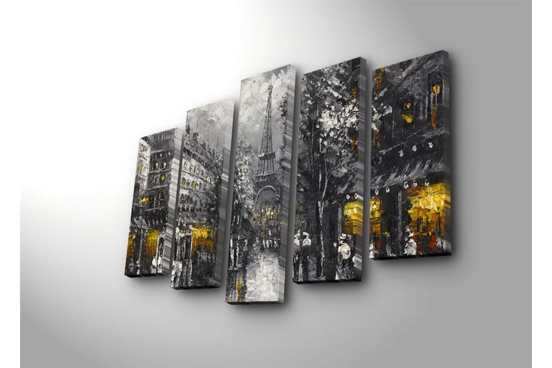 Suuri 5-osainen canvas-taulu, 105x70 cm - Pariisin kaupunkikuva ja Eiffel-torni hämärässä - Harmaa / Musta / Kulta - Sisustustuotteet - Taulu & taide - Canvas-taulu