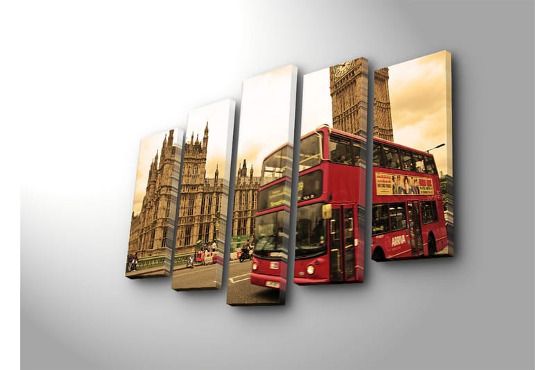 Suuri 5-osainen canvas-taulu, 105x70 cm - Punainen kaksikerroksinen bussi Big Benin ja Britannian parlamentin edessä - Punainen / Beige / Ruskea - Sisustustuotteet - Taulu & taide - Canvas-taulu
