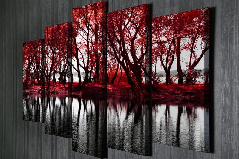 Suuri 5-osainen canvas-taulu, 105x70 cm - Punaväristyviä puita peilimäisen järven rannalla - Punainen / Musta - Sisustustuotteet - Taulu & taide - Canvas-taulu