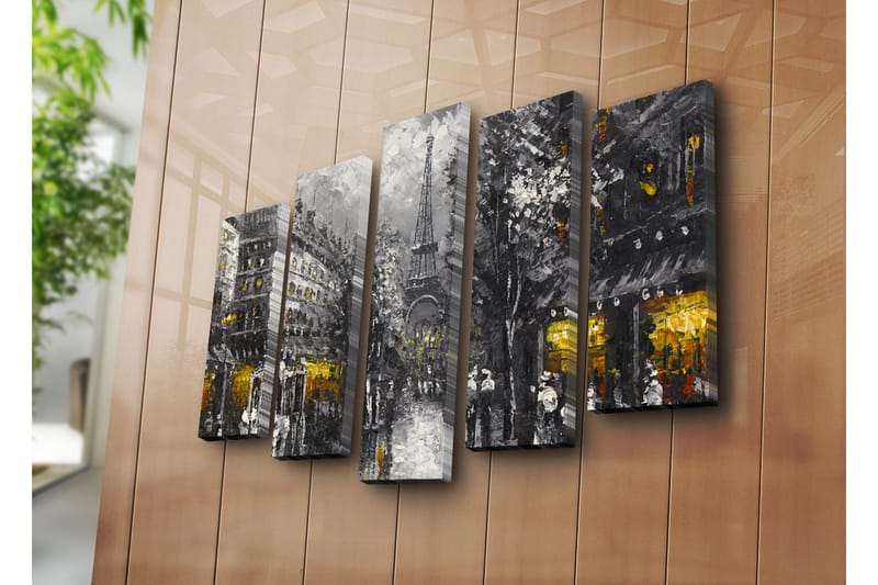 Suuri 5-osainen canvas-taulu, 105x70 cm - Pariisin kaupunkikuva ja Eiffel-torni hämärässä - Harmaa / Musta / Kulta - Sisustustuotteet - Taulu & taide - Canvas-taulu