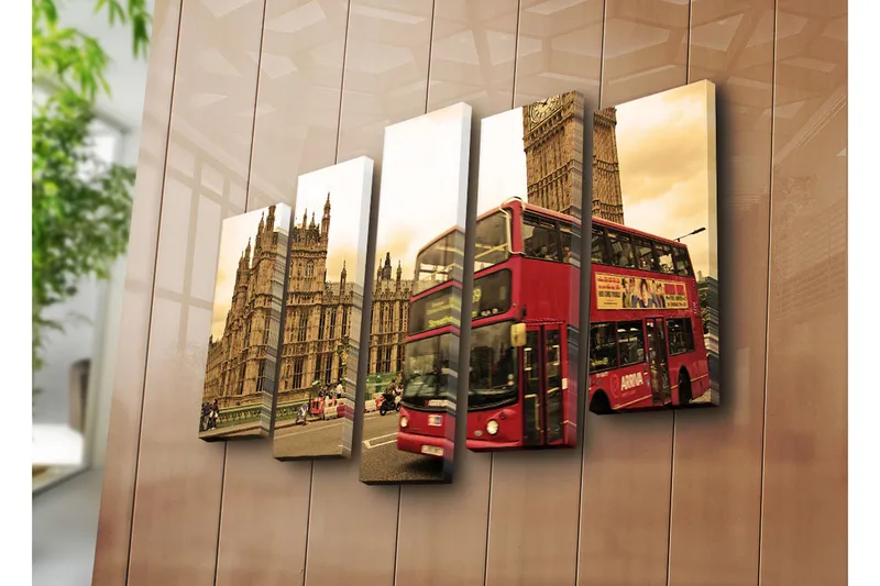 Suuri 5-osainen canvas-taulu, 105x70 cm - Punainen kaksikerroksinen bussi Big Benin ja Britannian parlamentin edessä - Punainen / Beige / Ruskea - Sisustustuotteet - Taulu & taide - Canvas-taulu