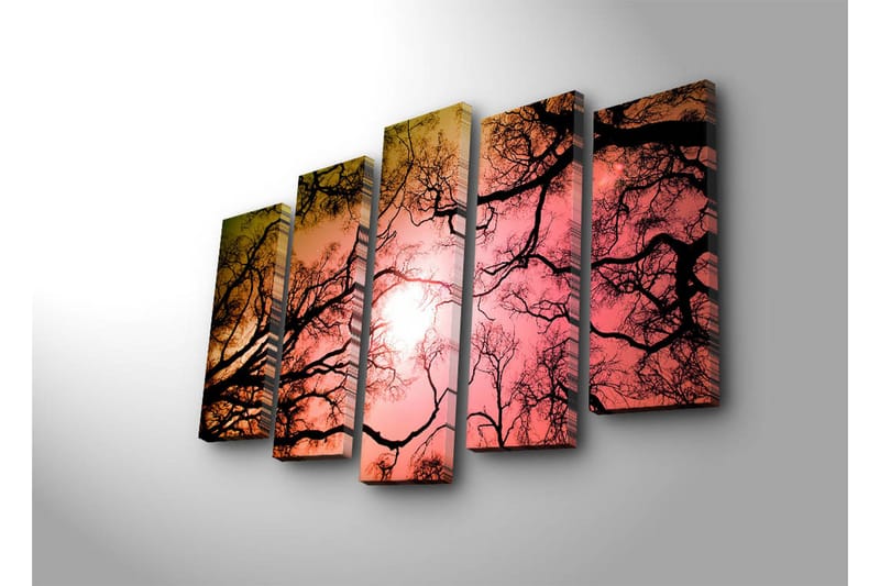 Suuri 5-osainen canvas-taulu, 105x70 cm - Puiden oksien siluetit värikkään auringonlaskun aikaan - Musta / Vaaleanpunainen / Oranssi - Sisustustuotteet - Taulu & taide - Canvas-taulu