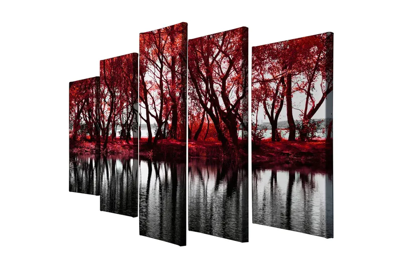 Suuri 5-osainen canvas-taulu, 105x70 cm - Punaväristyviä puita peilimäisen järven rannalla - Punainen / Musta - Sisustustuotteet - Taulu & taide - Canvas-taulu