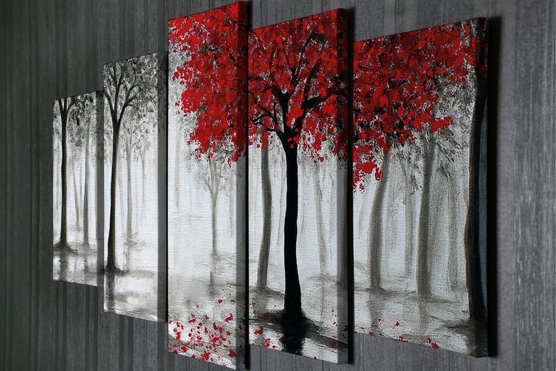 Suuri 5-osainen canvas-taulu, 105x70 cm - Punavärisävyisiä puita sumuisessa metsäympäristössä - Punainen / Musta / Harmaa - Sisustustuotteet - Taulu & taide - Canvas-taulu