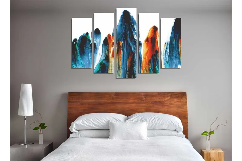 Suuri 5-osainen canvas-taulu 105x70 cm - Abstrakti maisema virtaavilla väreillä - Tummansininen / Oranssi / Turkoosi - Sisustustuotteet - Taulu & taide - Canvas-taulu