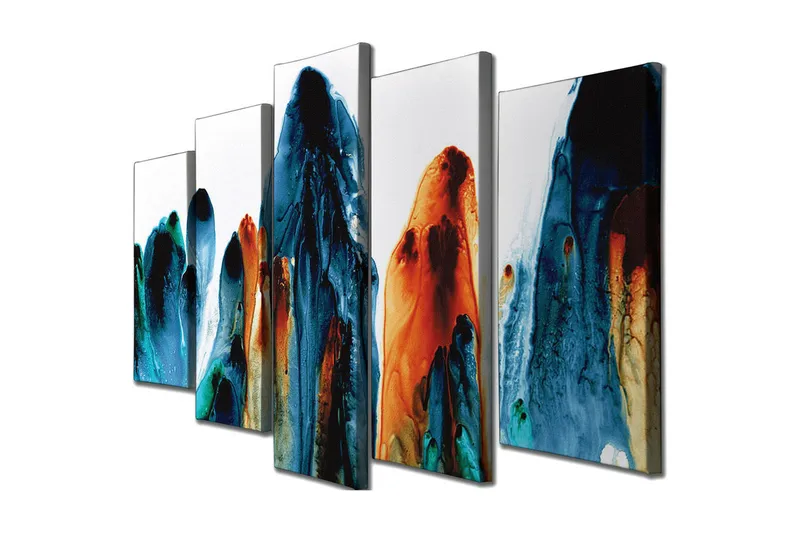 Suuri 5-osainen canvas-taulu 105x70 cm - Abstrakti maisema virtaavilla väreillä, Tummansininen / Oranssi / Turkoosi