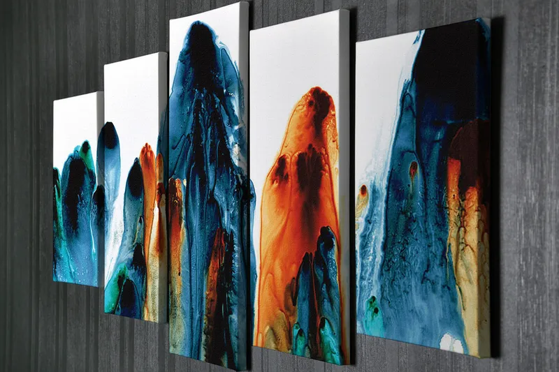 Suuri 5-osainen canvas-taulu 105x70 cm - Abstrakti maisema virtaavilla väreillä - Tummansininen / Oranssi / Turkoosi - Sisustustuotteet - Taulu & taide - Canvas-taulu