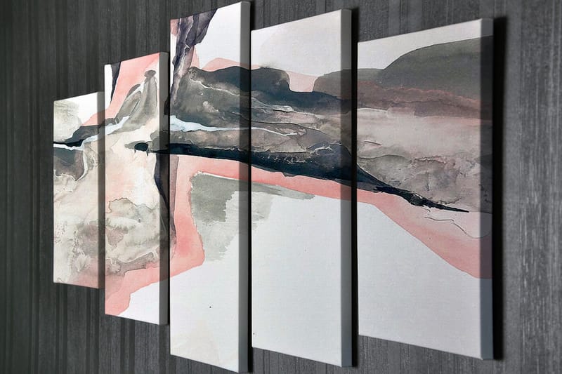 Suuri 5-osainen canvas-taulu 105x70 cm - Abstrakti maisema pehmeillä muodoilla ja hillityillä väreillä - Harmaa / Vaaleanpunainen / Musta - Sisustustuotteet - Taulu & taide - Canvas-taulu