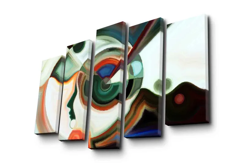 Suuri 5-osainen canvas-taulu 105x70 cm - Abstrakti muotokuva geometrisilla muodoilla ja värikkäillä elementeillä, Vihreä / Punainen / Valkoinen