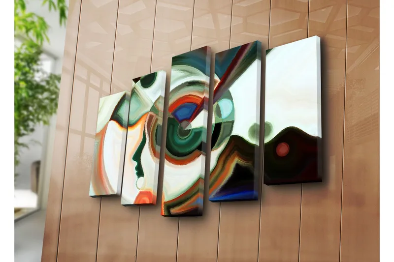 Suuri 5-osainen canvas-taulu 105x70 cm - Abstrakti muotokuva geometrisilla muodoilla ja värikkäillä elementeillä - Vihreä / Punainen / Valkoinen - Sisustustuotteet - Taulu & taide - Canvas-taulu