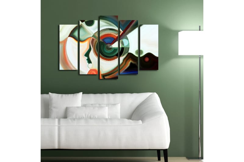 Suuri 5-osainen canvas-taulu 105x70 cm - Abstrakti muotokuva geometrisilla muodoilla ja värikkäillä elementeillä - Vihreä / Punainen / Valkoinen - Sisustustuotteet - Taulu & taide - Canvas-taulu