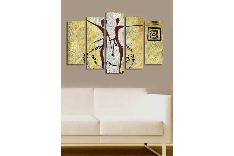 Suuri 5-osainen canvas-taulu 105x70 cm - Abstrakti sommitelma, jossa kaksi tyyliteltyä hahmoa liikkuu - Kulta / Musta / Valkoinen - Sisustustuotteet - Taulu & taide - Canvas-taulu