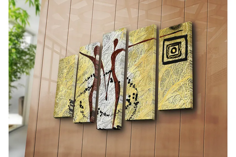 Suuri 5-osainen canvas-taulu 105x70 cm - Abstrakti sommitelma, jossa kaksi tyyliteltyä hahmoa liikkuu - Kulta / Musta / Valkoinen - Sisustustuotteet - Taulu & taide - Canvas-taulu