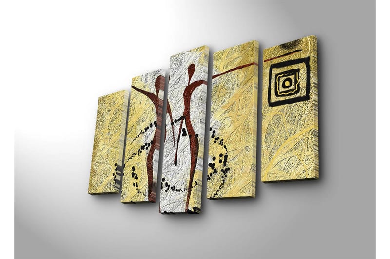 Suuri 5-osainen canvas-taulu 105x70 cm - Abstrakti sommitelma, jossa kaksi tyyliteltyä hahmoa liikkuu - Kulta / Musta / Valkoinen - Sisustustuotteet - Taulu & taide - Canvas-taulu