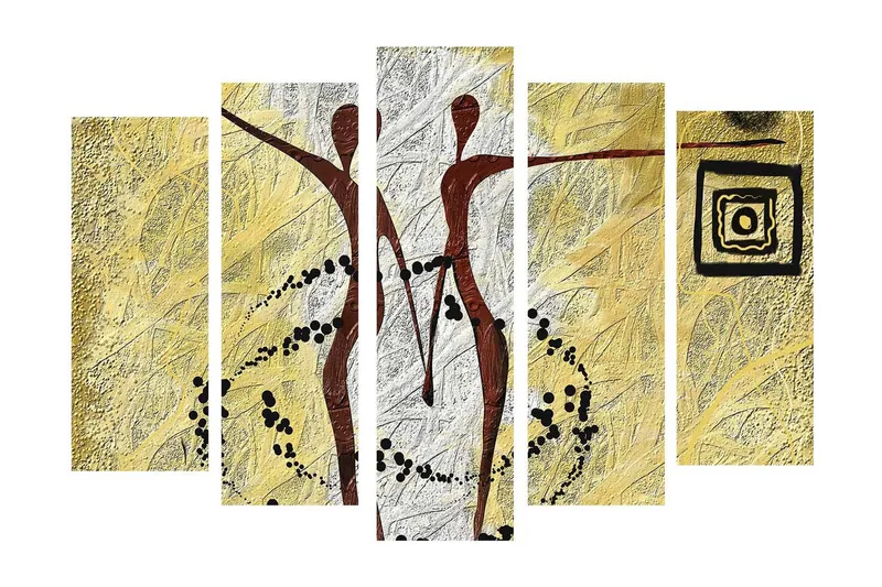 Suuri 5-osainen canvas-taulu 105x70 cm - Abstrakti sommitelma, jossa kaksi tyyliteltyä hahmoa liikkuu, Kulta / Musta / Valkoinen