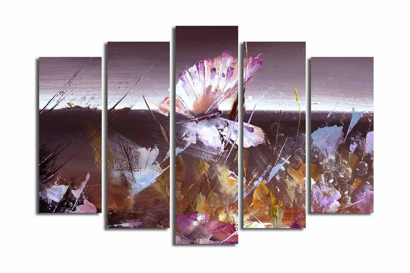 Suuri 5-osainen canvas-taulu 105x70 cm - Abstrakti sommitelma, jossa keskitytään perhoseen, Violetti / Ruskea / Valkoinen