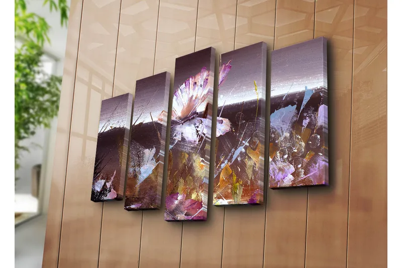 Suuri 5-osainen canvas-taulu 105x70 cm - Abstrakti sommitelma, jossa keskitytään perhoseen - Violetti / Ruskea / Valkoinen - Sisustustuotteet - Taulu & taide - Canvas-taulu