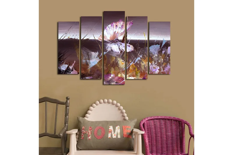 Suuri 5-osainen canvas-taulu 105x70 cm - Abstrakti sommitelma, jossa keskitytään perhoseen - Violetti / Ruskea / Valkoinen - Sisustustuotteet - Taulu & taide - Canvas-taulu
