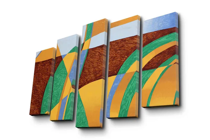 Suuri 5-osainen canvas-taulu 105x70 cm - Abstrakti sommitelma aaltoilevilla muodoilla ja väreillä, Vihreä / Oranssi / Ruskea