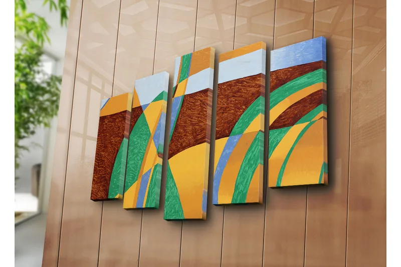 Suuri 5-osainen canvas-taulu 105x70 cm - Abstrakti sommitelma aaltoilevilla muodoilla ja väreillä - Vihreä / Oranssi / Ruskea - Sisustustuotteet - Taulu & taide - Canvas-taulu